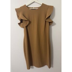 Calvin Klein Ruffle Sleeve Sheath Dress 14 Brown Wedding Guest Office Minimalist
